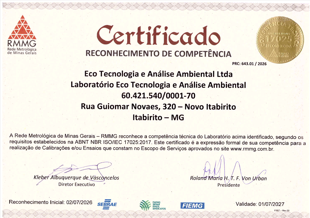 Certificado Oficial de Reconhecimento ABNT NBR ISO/IEC 17025 — ECO